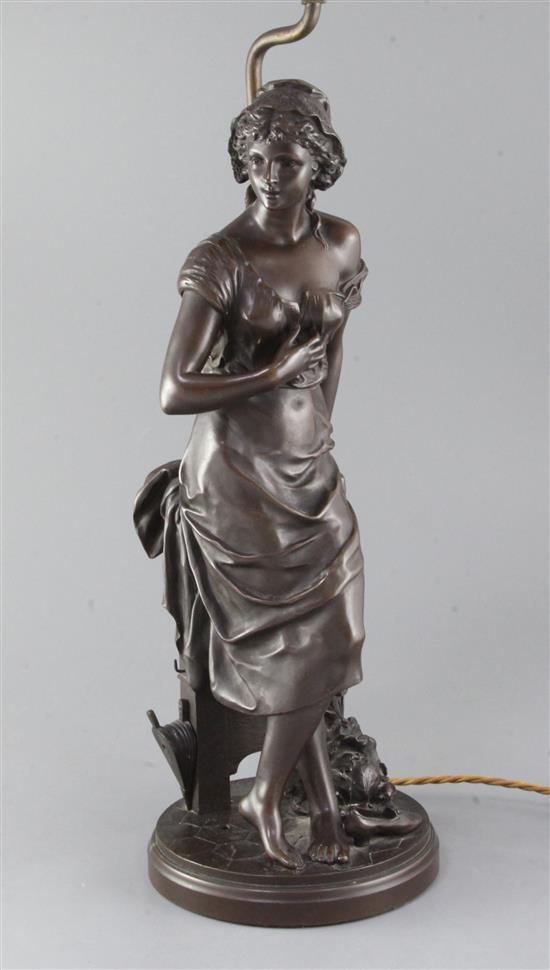 Charles-Georges Ferville-Suan (1847-1925). A 19th century French bronze figure of a woman leaning against a pedestal, height 18.5in., m